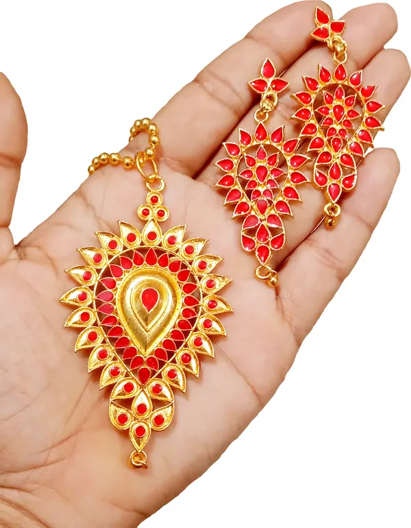 Assamese_Traditional_Gold_Plated_Red_Colour_Dugdugi_Chain_Jewellery_Set_For_Women_&_Girls